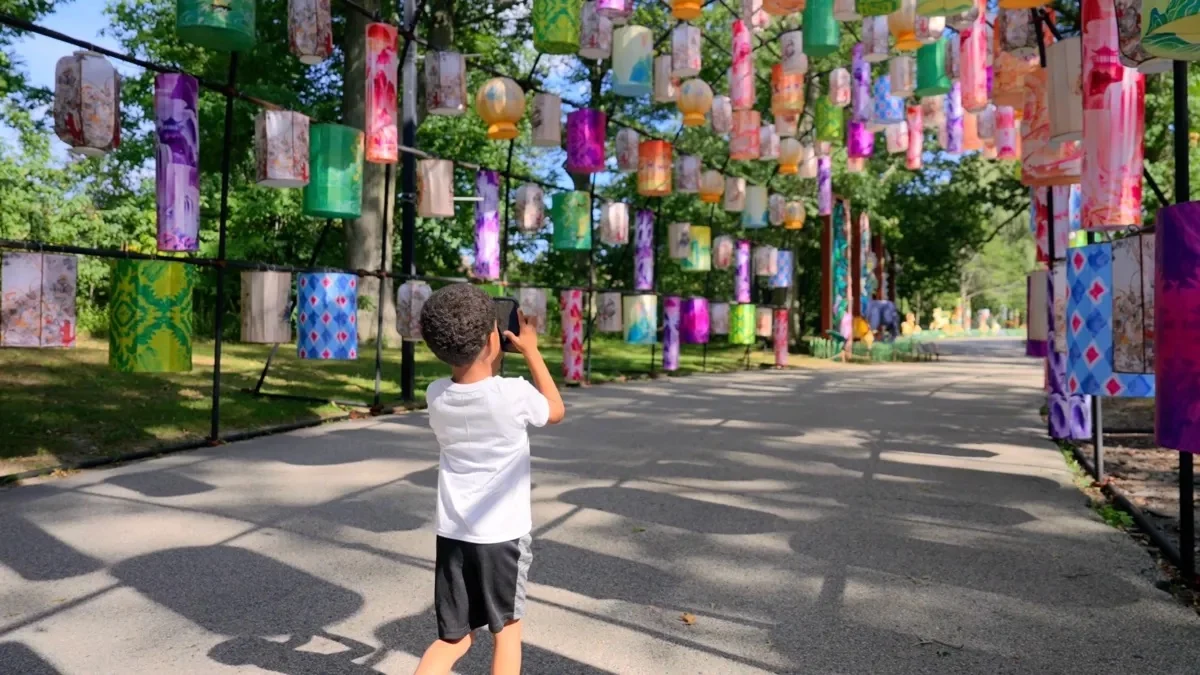 A child photographing colorful lanterns at Franklin Park Zoo — discovering math in the world around them
